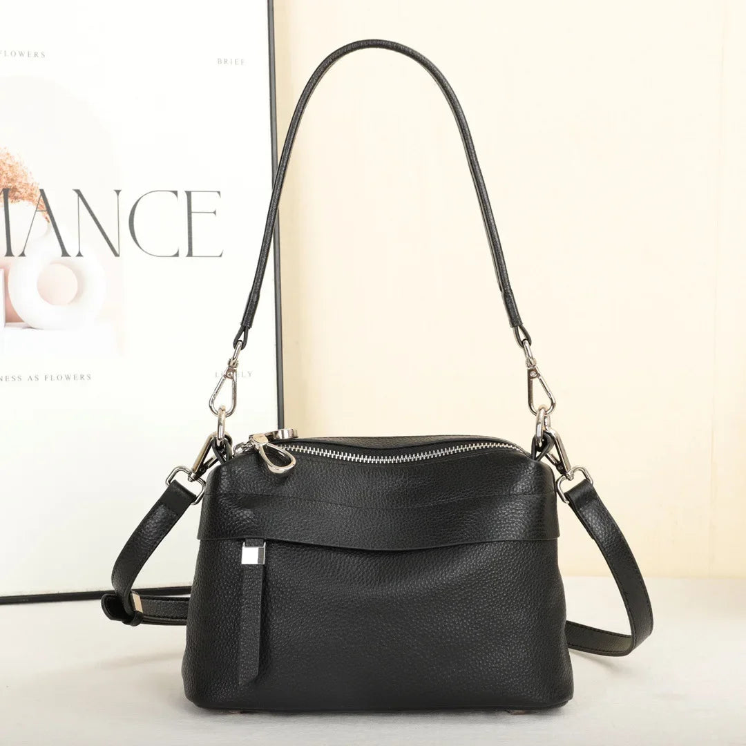 Head Layer Cowhide Leather Women's Shoulder Crossbody Bag Large Capacity Multi Compartment Handbag Casual Practical Armpit Bag
