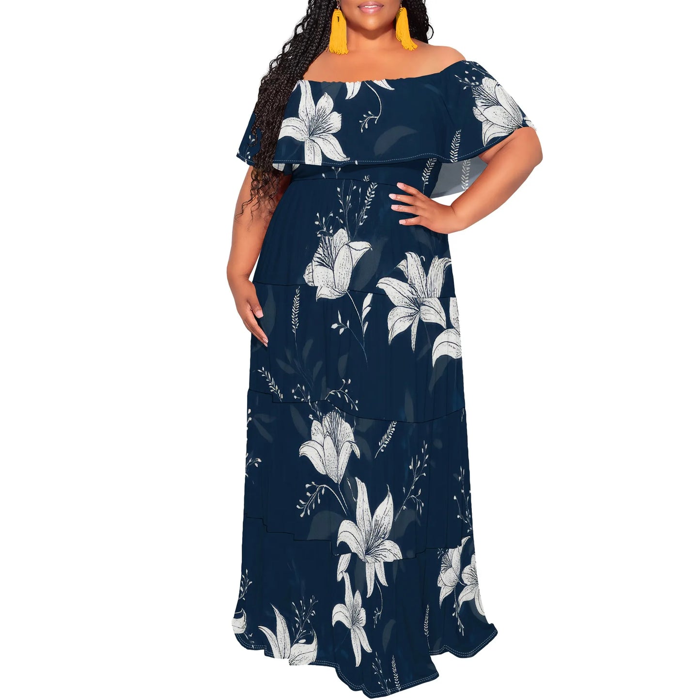 Womens Off The Shoulder Dress Summer Casual Long Ruffle Party Side Split Beach Maxi Dresses with Pockets