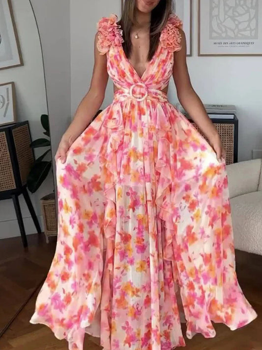Syiwidii  New Lady Beach Print Ruffles Hollow Out Long Dresses Women Sexy Backless Sleeveless Lace Up High Waist Split Dress