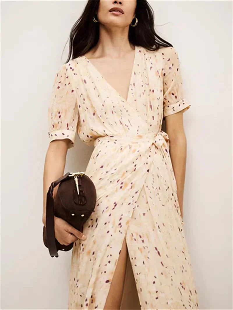Summer New Floral Print Lace-Up Wrap Dress for Ladies V-Neck Short-Sleeved High-Waisted Slim Temperament Open Long Robe