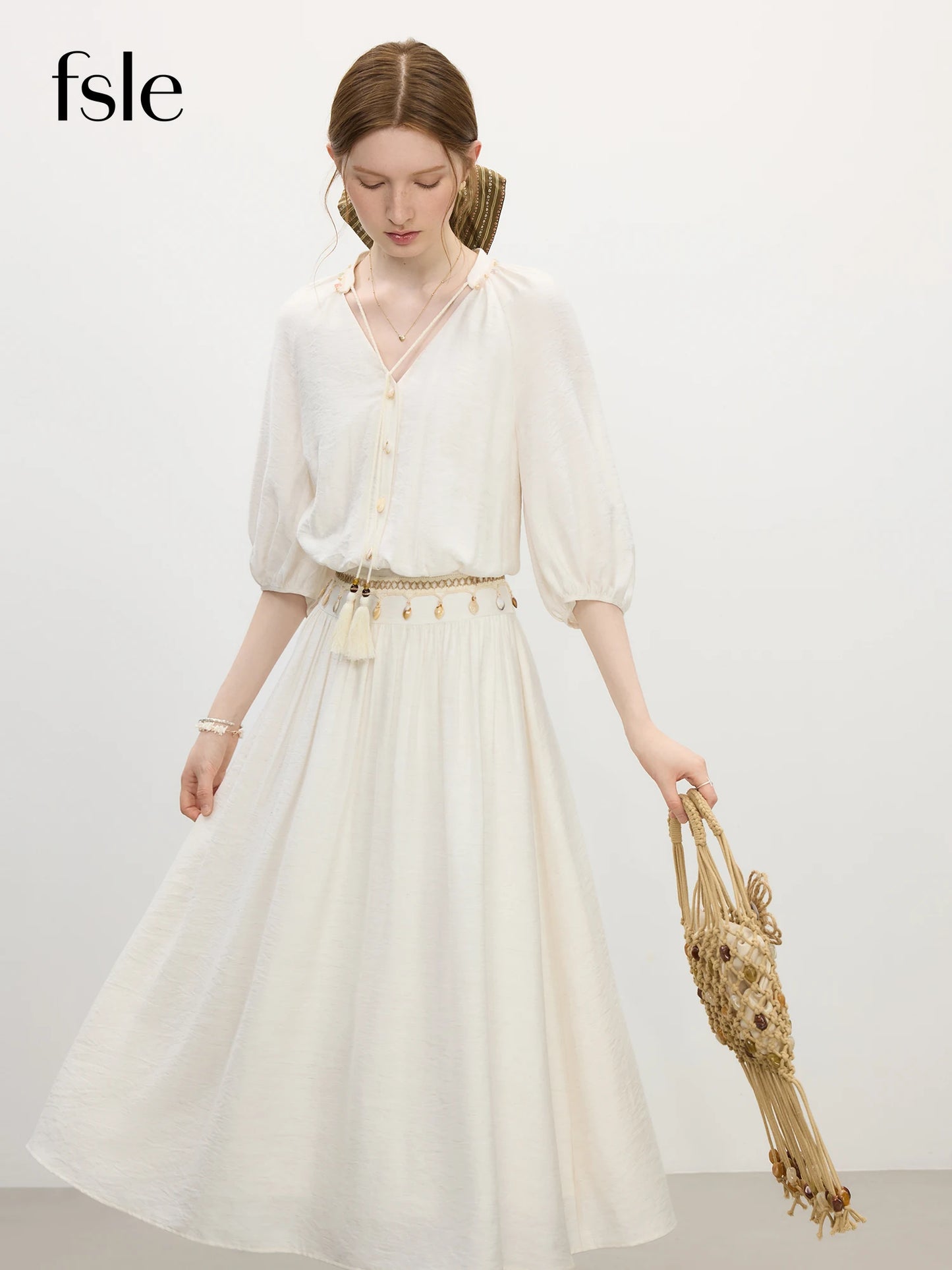 FSLE High Waist Dress for Women Summer New Arrival Lantern Sleeves V-neck Strappy Holiday Long Romantic Dress