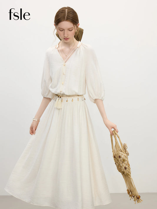 FSLE High Waist Dress for Women Summer New Arrival Lantern Sleeves V-neck Strappy Holiday Long Romantic Dress