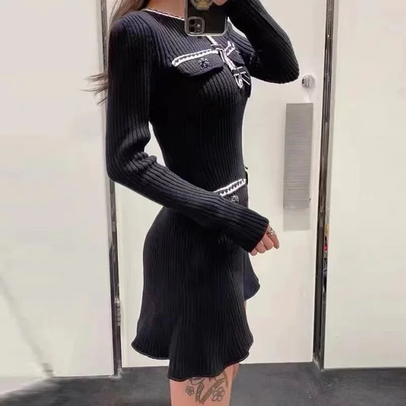 Elegant Lady Long Sleeve Knit Dress Vintage Four Pocket High Waist Slim Dresses Spring  Casual O-neck Bow Vestidos for Women