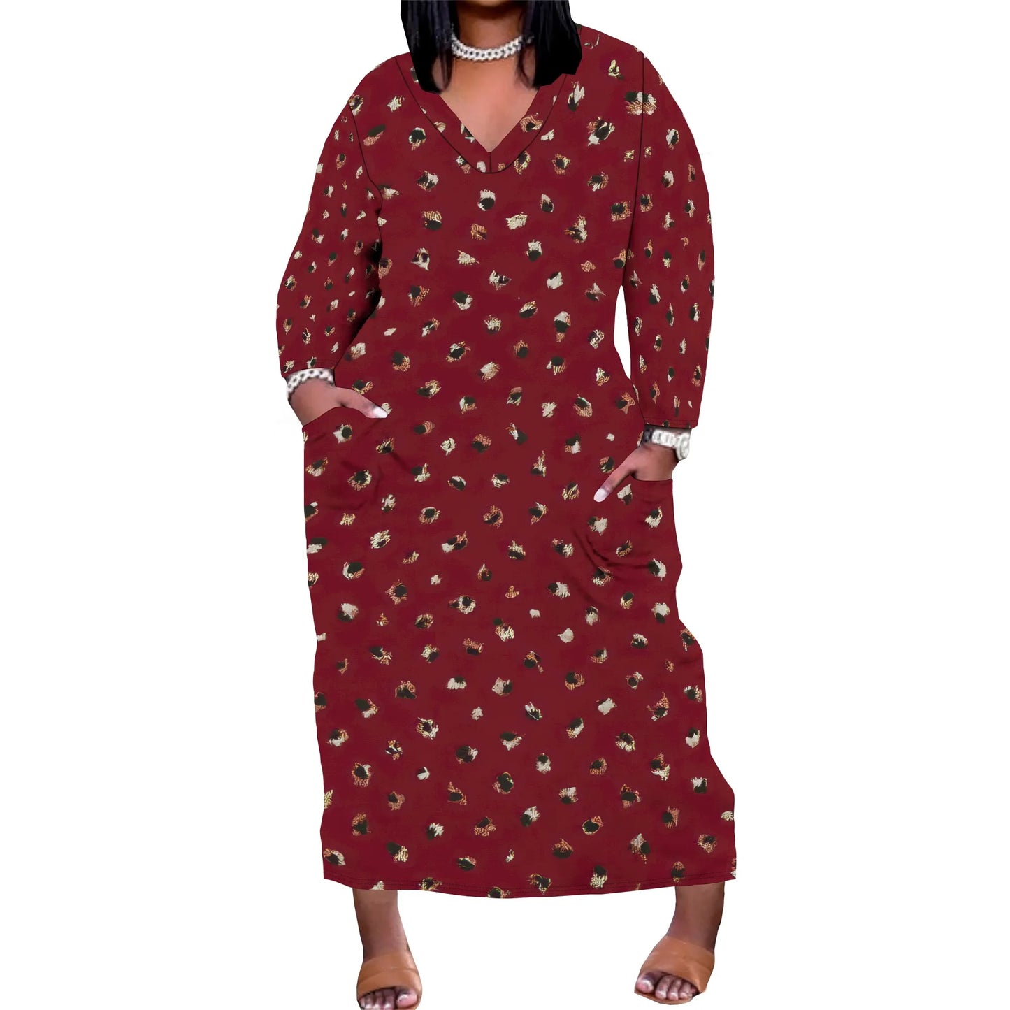 Women's Long Sleeve Plus Size Polka Dot Print Maxi Dress V Neck with Pockets Dress Loose Casual Autumn Outfit