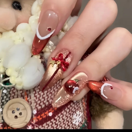 10pcs  New Year Christmas Fake Nails Snowflake Design False Nails Art Full Cover Waterproof Removable Handmade Press on Nail