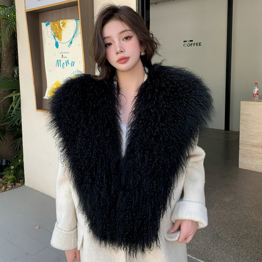 Real Mongolian Sheep Fur Shawl Real Fur Scarf Laarge Fluffy Thick Winter Scarves Woman Fashion Coat Collar Overcoat Accessories