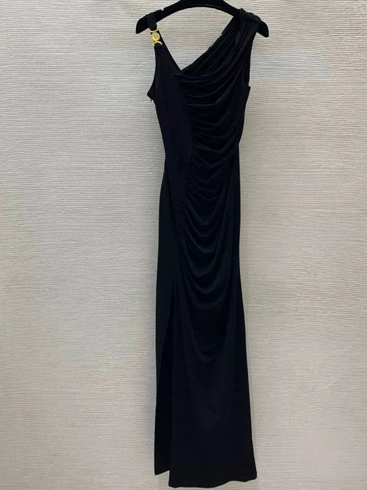 Ladies irregular pleated solid color slim high waist split temperament dress summer new metal buckle long skirt with suspenders.