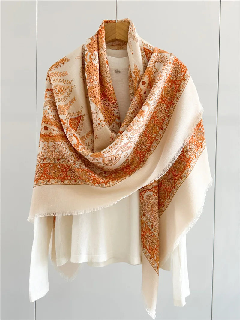 Double Sided Tassels Scarf Luxury Women Warm Silk Wool Shawl 140cm Pashmina Vintage Foulard Head Bag Wrap Stole Christmas Gift