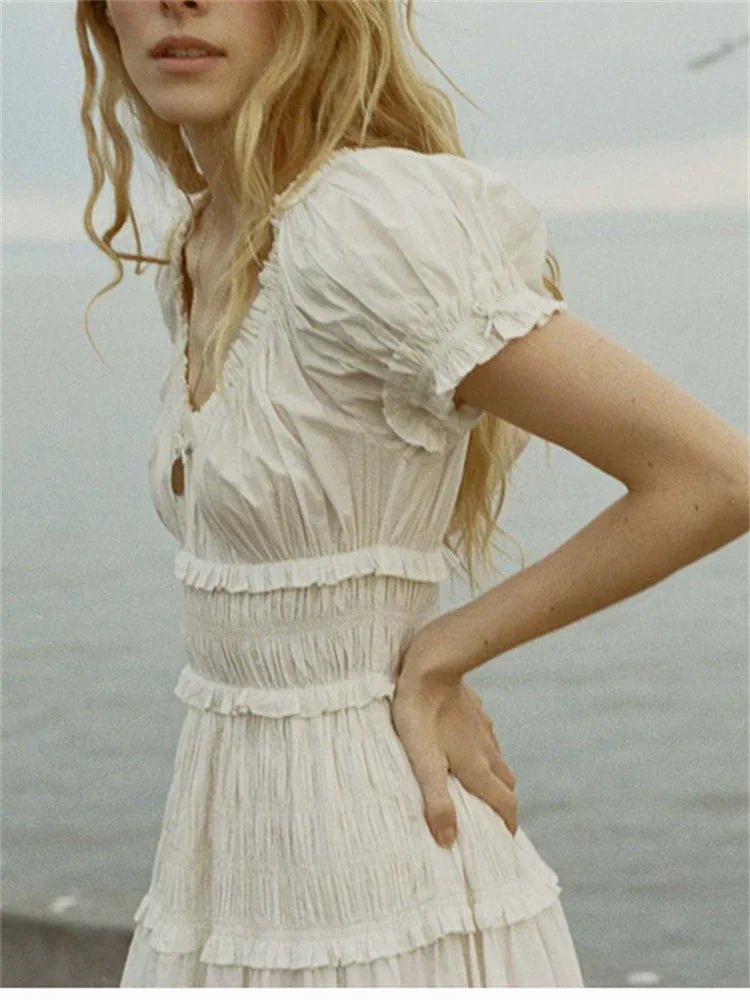 Summer Women Short Sleeve Midi Dress Puff Sleeve Ladies Ruffles Trim Holiday Elegant Pleated Long Robe
