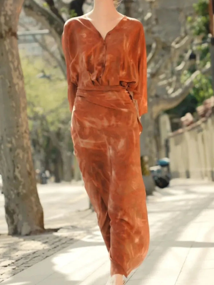 Women's Retro Slim Dress Tie Dye Printed V-Neck Single-Breasted Button Hip Tie Long Dress Ankle-Length Robe