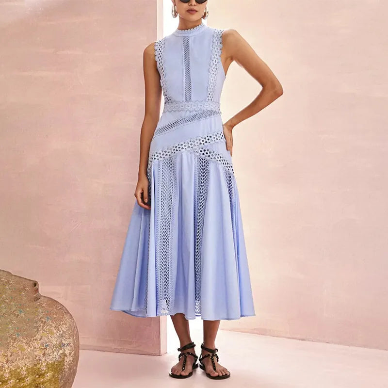 Fashion Solid Hollow Out Long Dresses Spring Women Sleeveless Stand Collar Slim Dress Summer High Waist Zipper Knee Length Dress