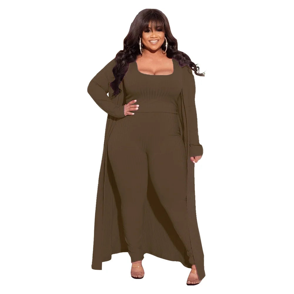 3 Piece Women Outfits Sets Sexy Square Collar Tops+long Coat Tight Pants Solid Color Fashion Plus Size Clothing Wholesale  suits