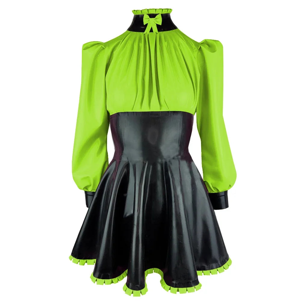 Plus Size High Neck Bow Patchwork Black Faux Latex Mini Dress Women Long Sleeves Slim Fit Ruffled A-line Dress Cocktail Gown