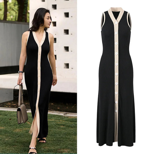 Elegant Long Skirt, Black and White Contrasting V-neck Sleeveless Long Knitted Dress, New Spring and Summer Style in clothes