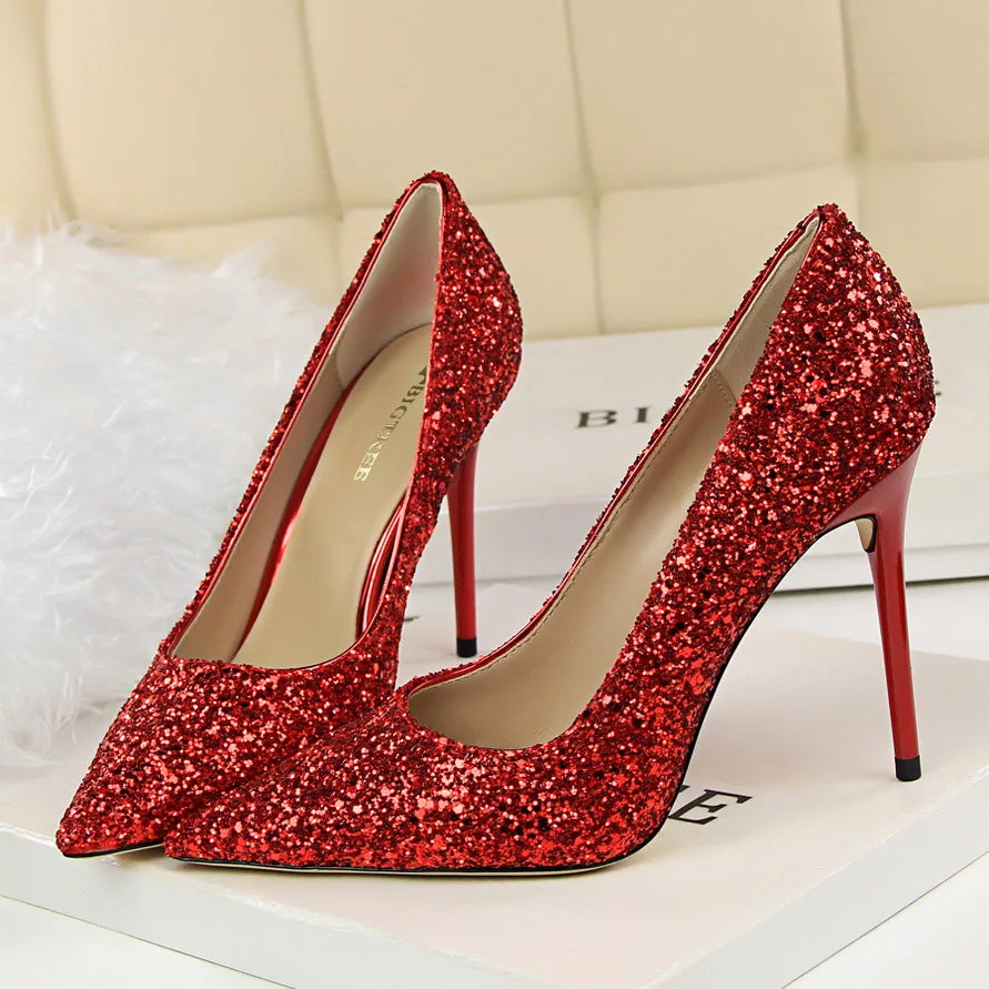 Manufacturer   Women 7cm 9.5cm High Heels Pumps Wedding Bridal Scarpins Sparkly Mid Heels Lady Party Sequins Glitter Evening Gold Silver Shoes   Pumps