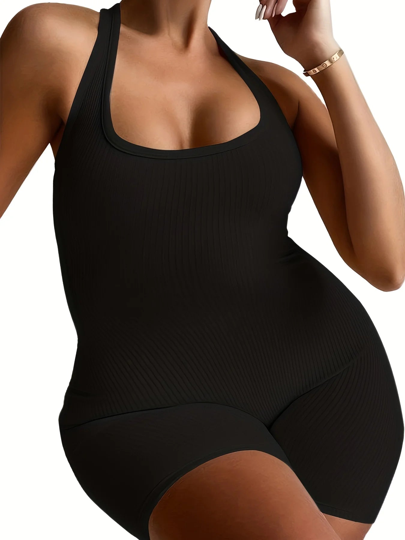 Plus Size Fashion Black Halter Jumpsuit, Women's Solid Color Sexy Body-Con Black Clothes  suits