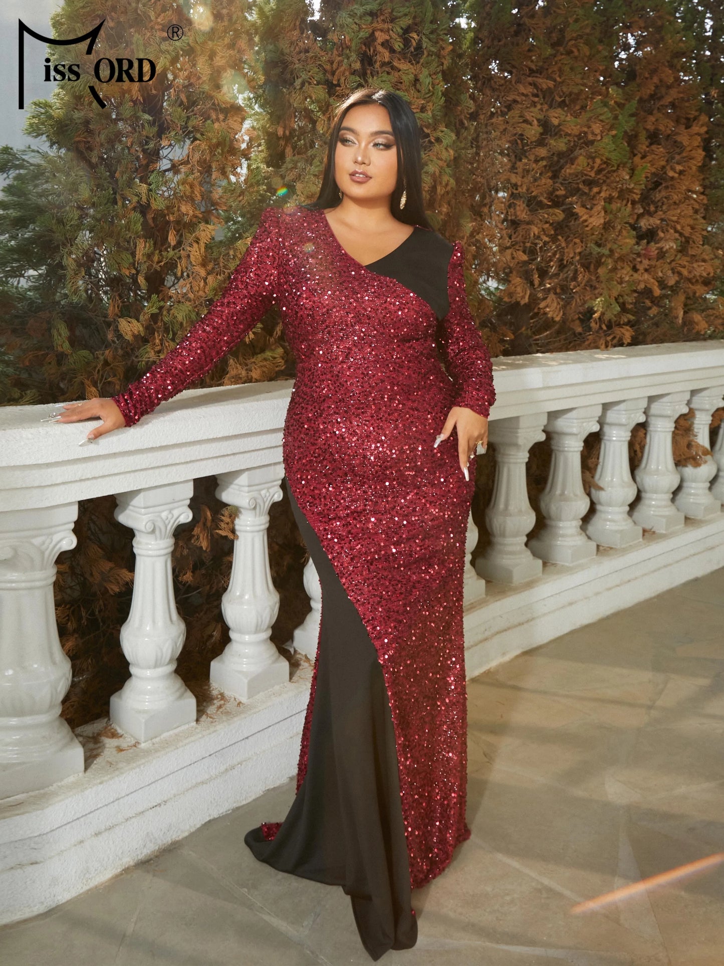 Missord New Plus Size V-Neck Long Sleeved Panel Sequin Mermaid Evening Prom Wedding Birthday Party Dress