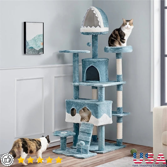 Ocean-Themed Cat Tree Large Multi-Level Condo Shark Bed Fish Perch Sturdy Scratch Post Cats  cat toy