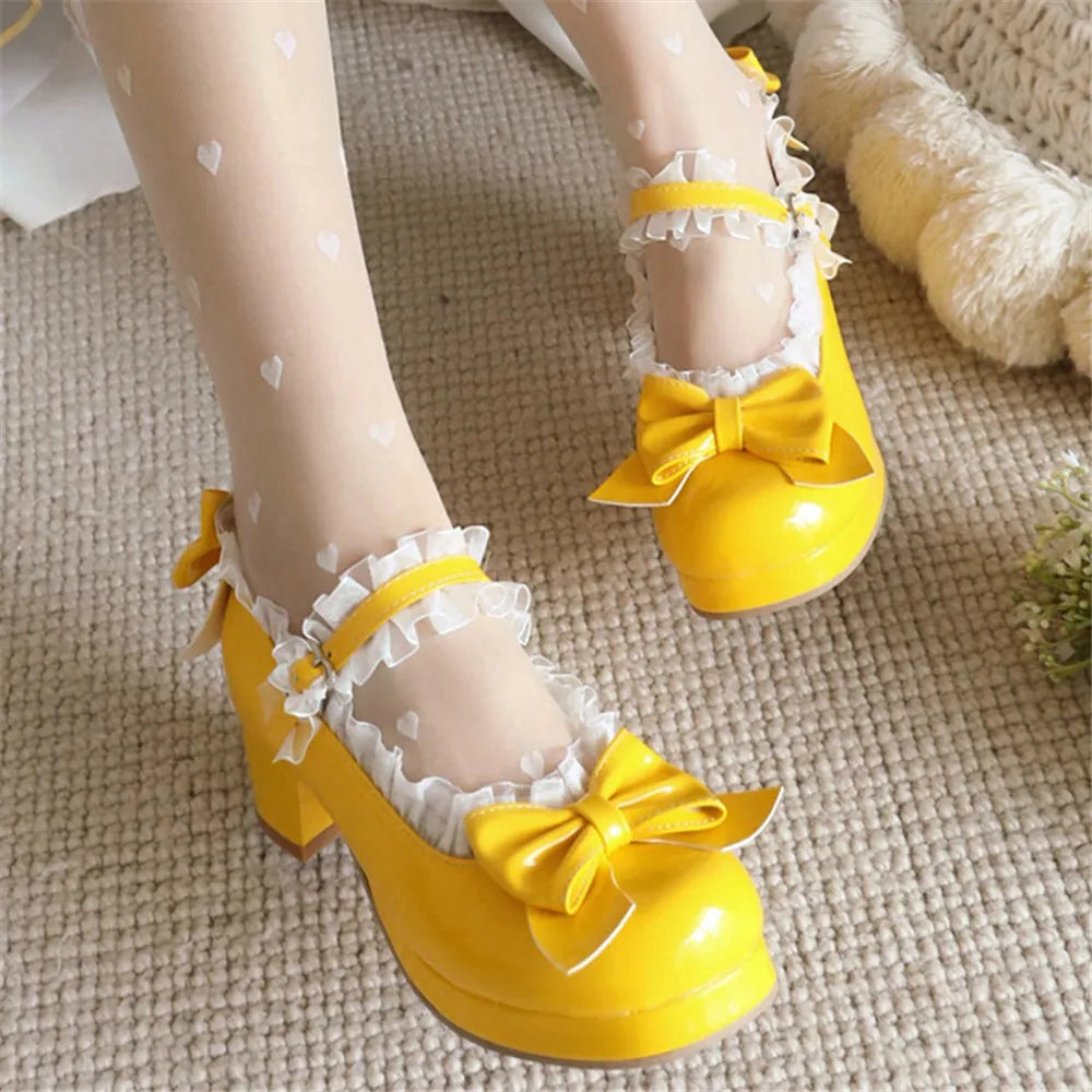 Manufacturer   Woman Med Heel Lolita Shoes Patent Leather Cute Bow Mary Jane Pumps Bride Wedding Cosplay Party Red Pink Black Green Size 31-43   Pumps