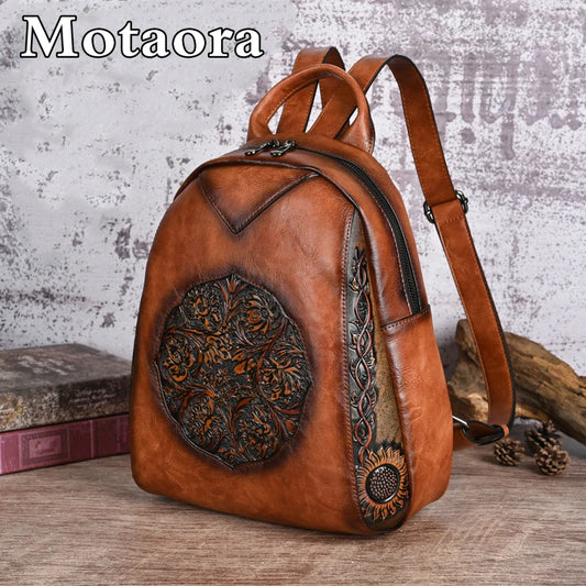 MOTAORA  New Women's Backpack For Women Leather Bag Vintage Embossed Feminina Backpacks Ladies Travel Bags Handmade 9 Colors