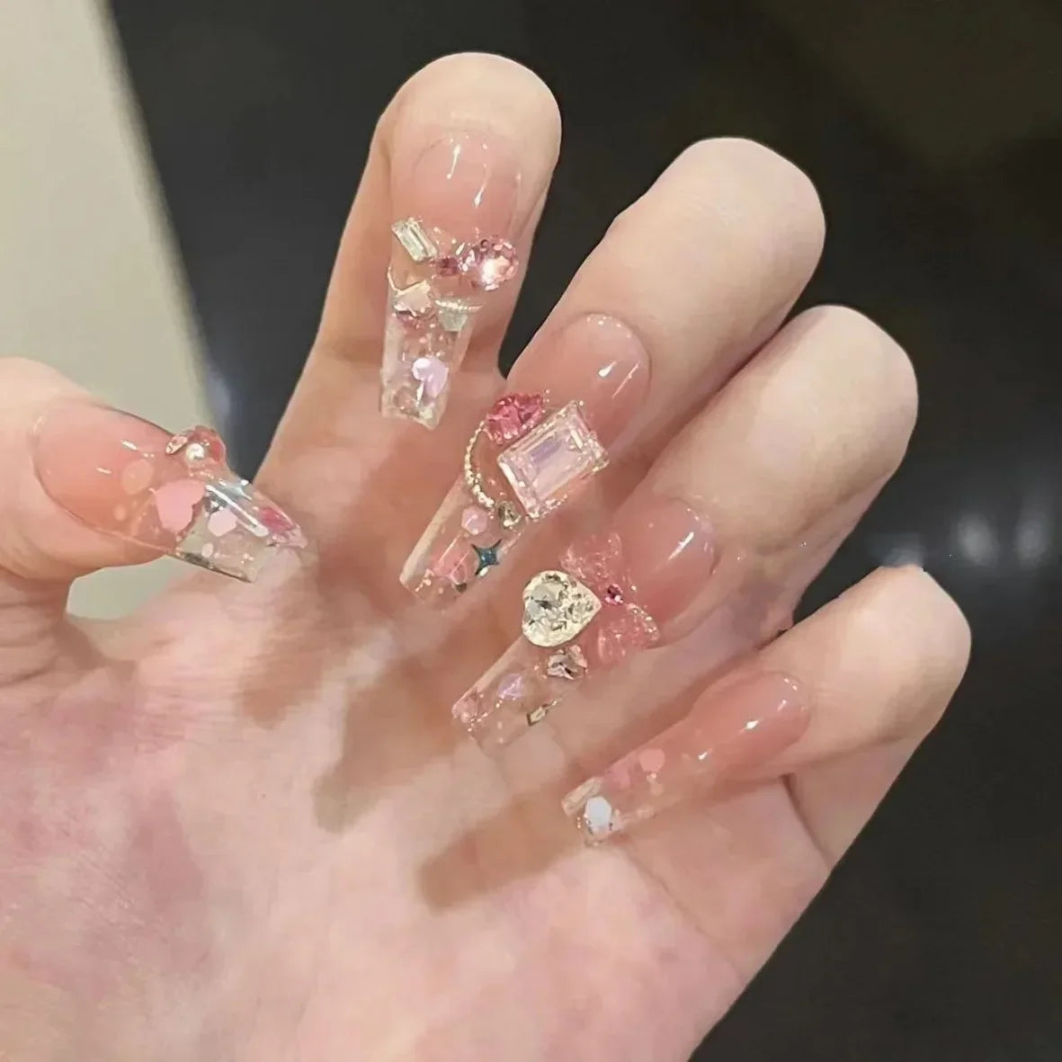 10Pcs Handmade Press on Nails Pink  Aurora Diamond Rhinestones Design Pink Almond False Nails Wearable Manicure Nail Tips Art