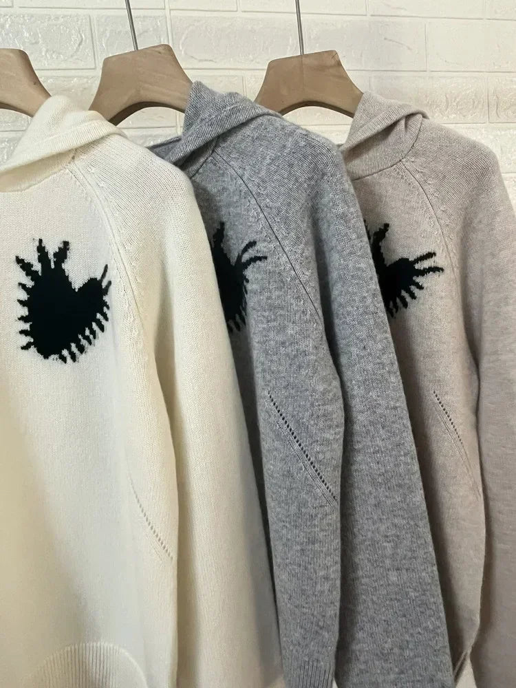Women Hooded Sweater Heart-Shaped Letter Jacquard 100% Cashmere 3 Colors Casual Autumn Winter Lady Jumper