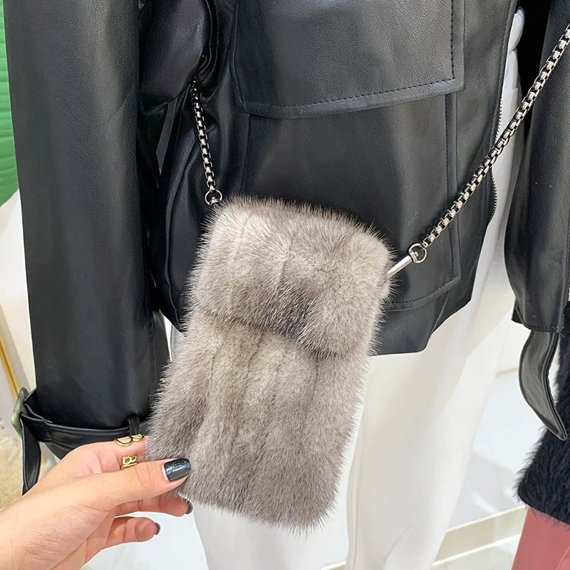 Designer Luxury Mobile Phone Bag WOMEN'S Crossbody Mini Bag Purses Fashion Mink Fur Bags For Women Neck Hanging Femimine Bag