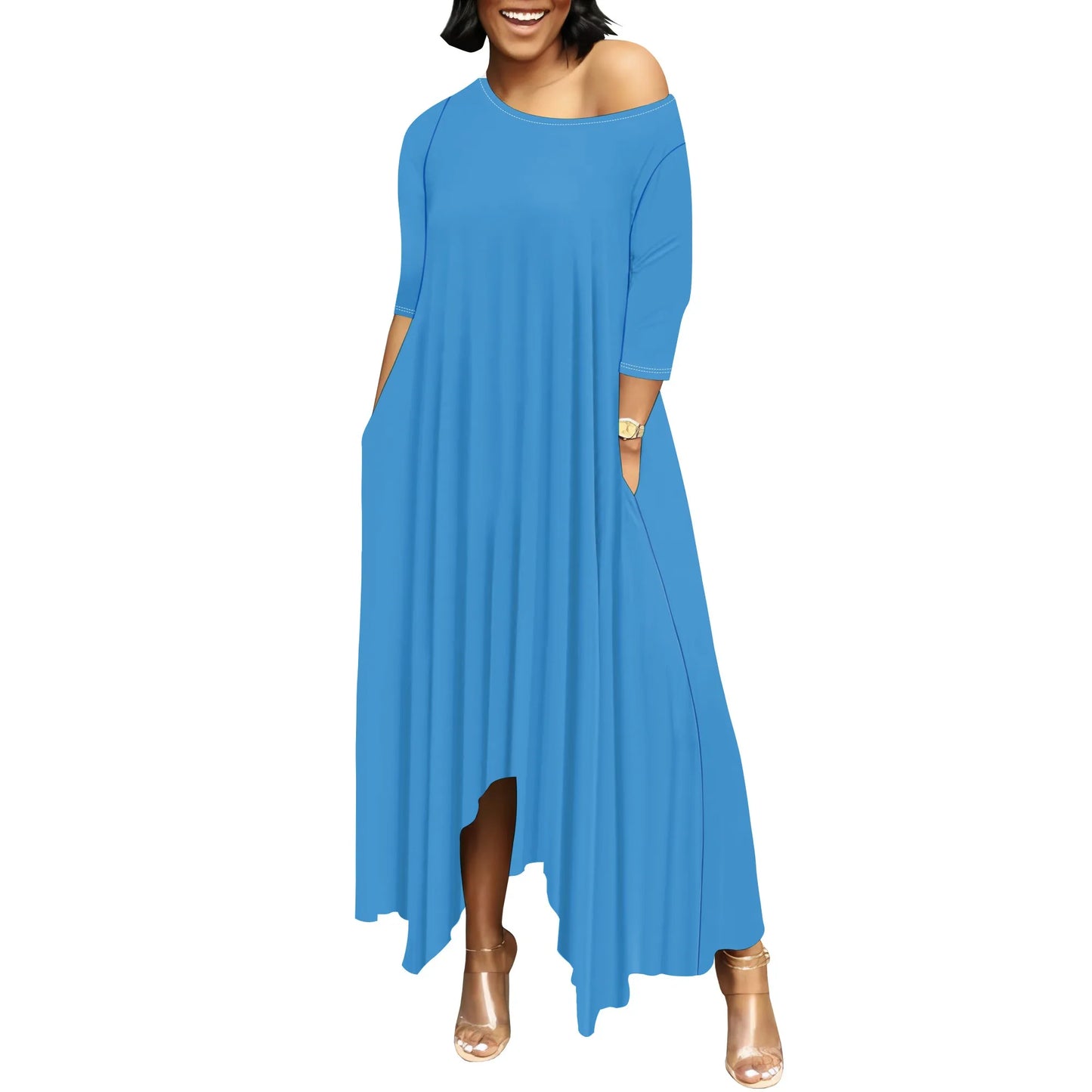 Women One Shoulder Sleeve Printed Dress High Waist Split Party Cocktail Long Dress