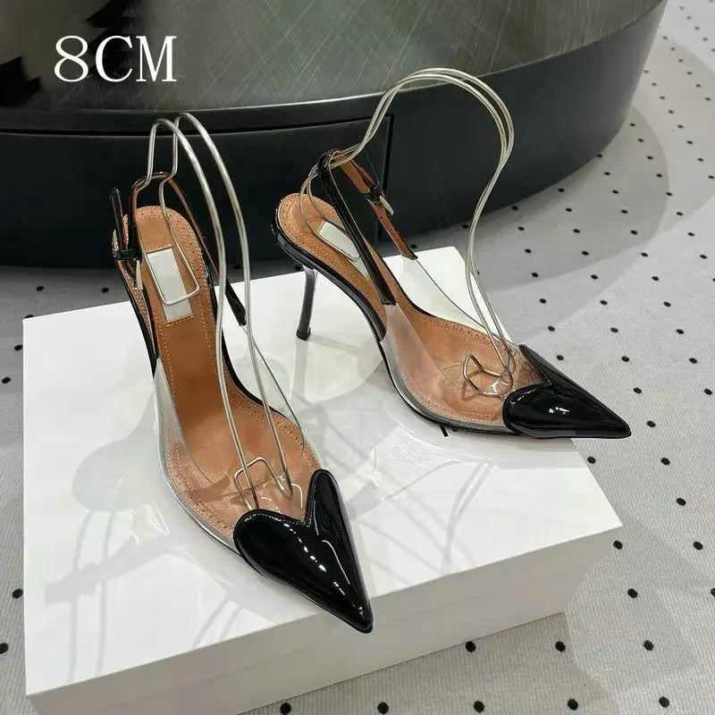 Manufacturer  New Pointy Peach Heart Fine Heel Shoes Sexy Pvc Transparent Film Black Patent Leather High Heel Overhead Sandals   Pumps