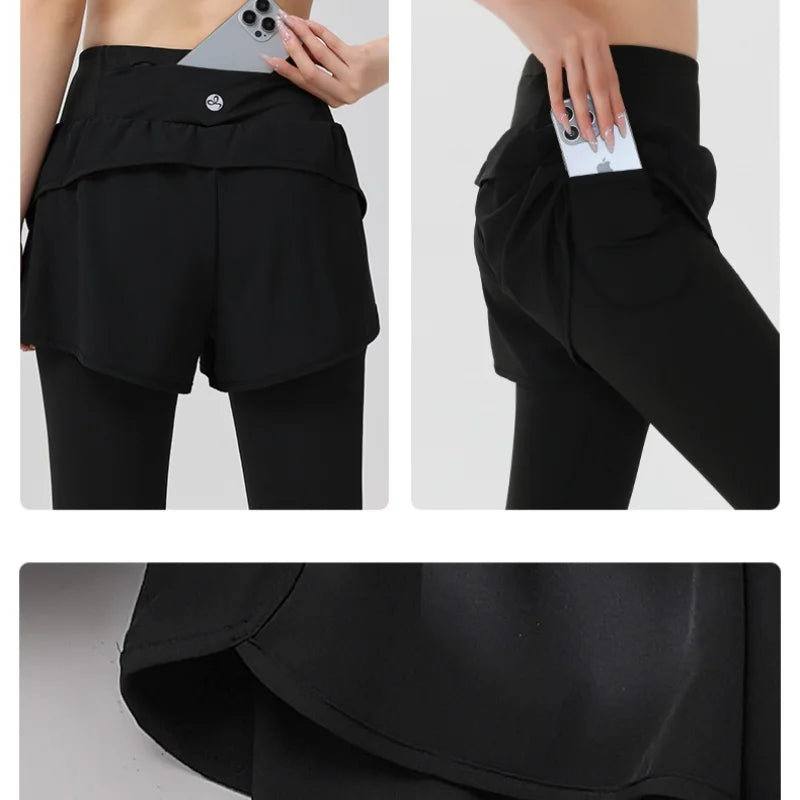 DRUR Women Gym Cropped Trousers Summer Lightweight 2 in 1 Yoga Pants Female High Waist Sports Leggings Fitness Running Tights   pant