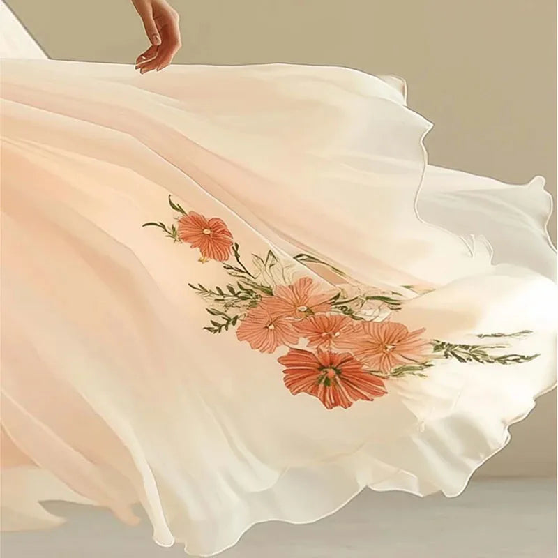 Woman Sexy V Neck Short Sleeve Long Robe New Summer Elegant Printed Pattern Folds Party Dresses Retro High Waist Boho Dress