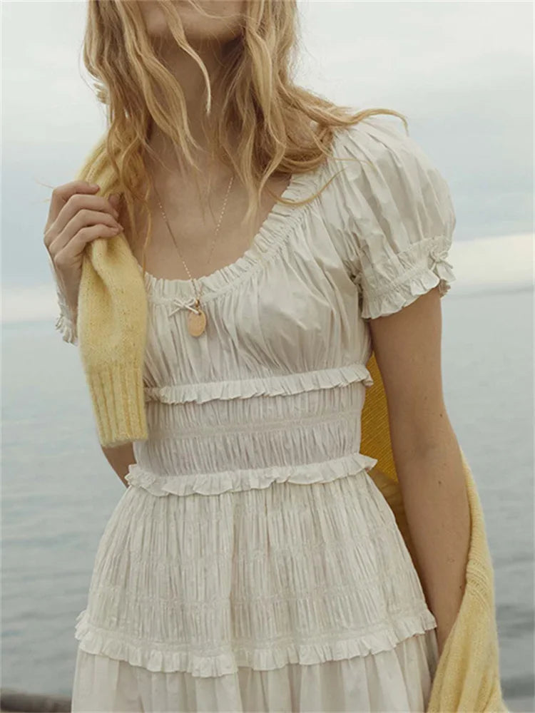Summer Women Short Sleeve Midi Dress Puff Sleeve Ladies Ruffles Trim Holiday Elegant Pleated Long Robe