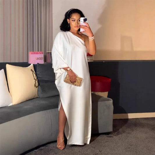 Elegant Women Satin Maxi Dress One Shoulder Long Sleeve Loose Plain Robe Spring Fashion Casual Slit Dress for Women