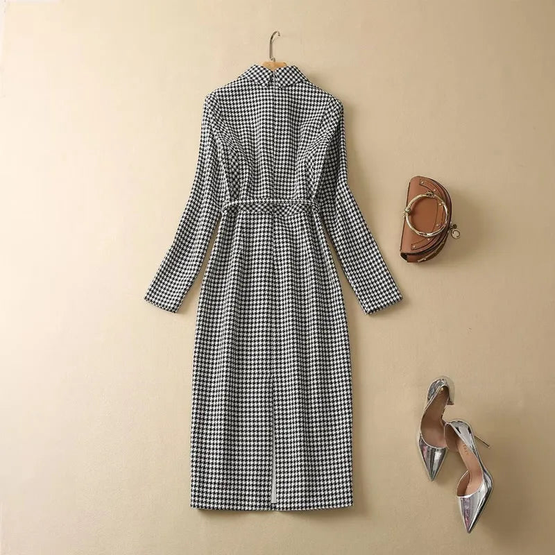 Princess Kate Houndstooth Dress Vintage Swallow Gird Women Dress Long Sleeve OL Dresses