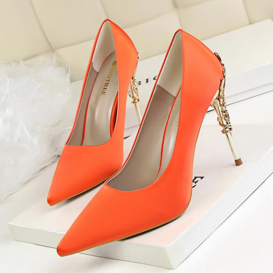 Manufacturer   Woman Metal Heels Satin Silk Dress Fashion Pumps Lady Wedding Bridal Catwalk Orange Green Wine Red Pointed Tip Shoes 9219-2   Pumps