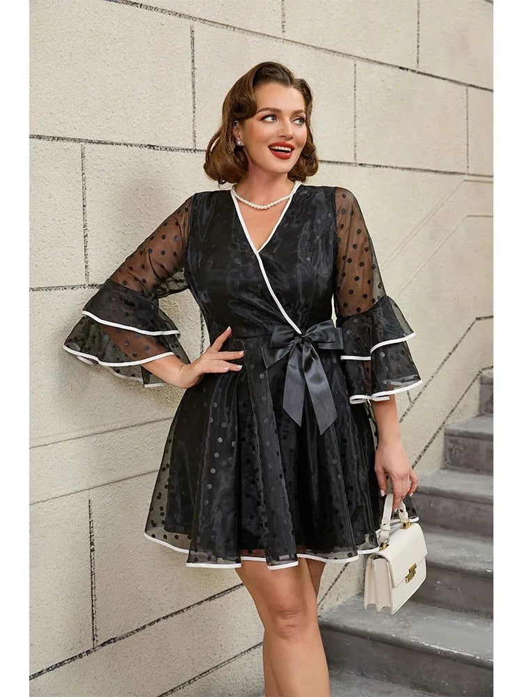 Summer Dress Dot V Neck Bell Sleeve A Line  Plus Size Polka  Outfits for Women Casual Loose Fit Elegant Beach Holiday Dress