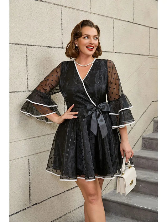 Summer Dress Dot V Neck Bell Sleeve A Line  Plus Size Polka  Outfits for Women Casual Loose Fit Elegant Beach Holiday Dress