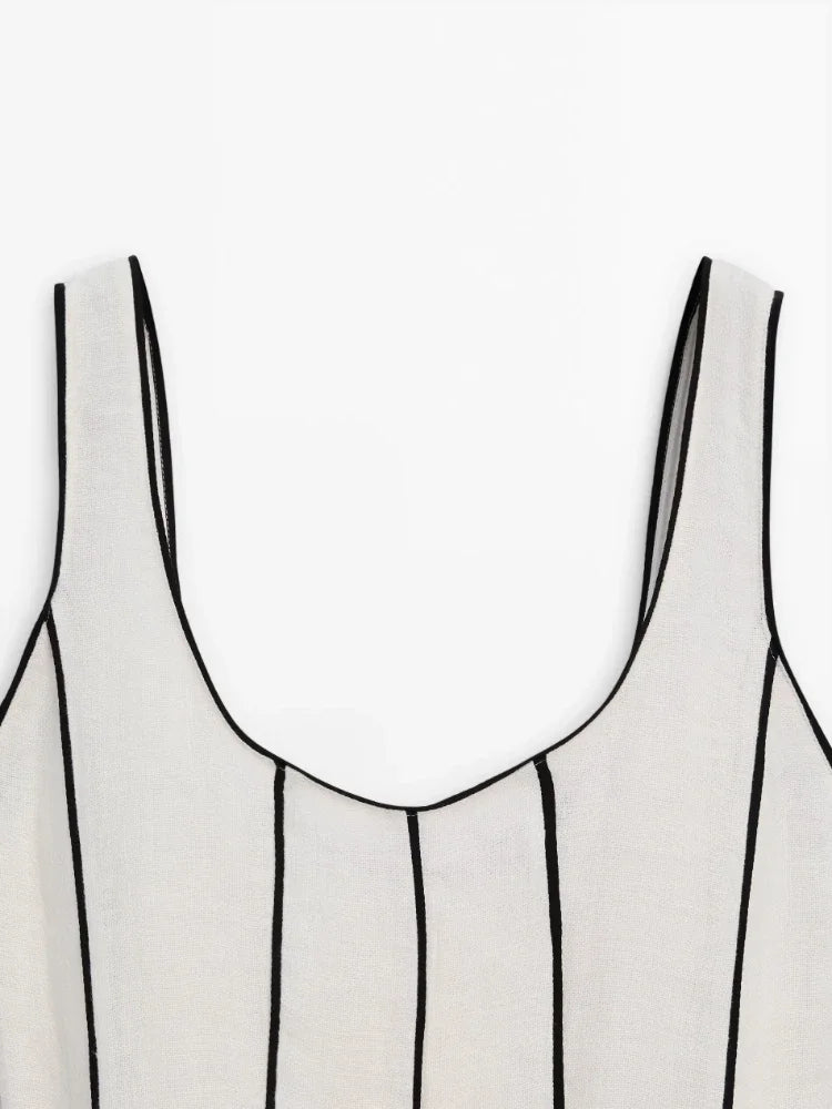 Women's French Commuter Striped Dress U-neck Sleeveless Off-shoulder Suspenders Casual Long Dress Fall Female Chic Party Dresses