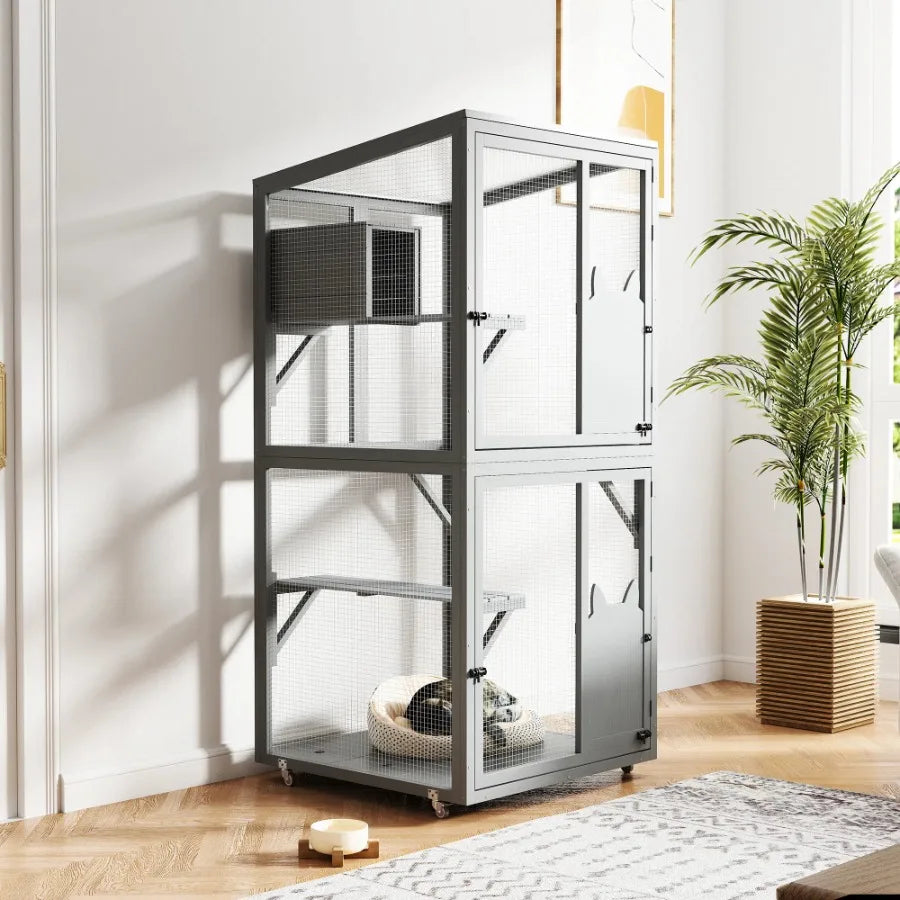 Outdoor Cat Catio on Wheels Cat Cage with Platforms and Condo Sunlight Roof Patio Cat Enclosure Gray