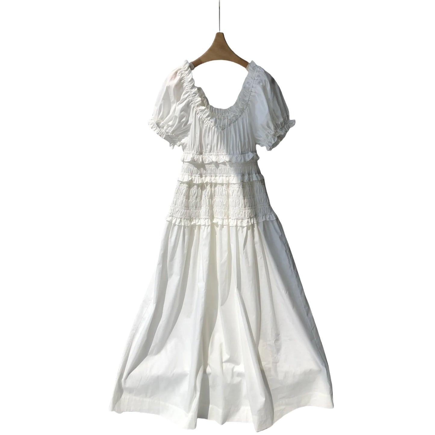 Summer Women Short Sleeve Midi Dress Puff Sleeve Ladies Ruffles Trim Holiday Elegant Pleated Long Robe