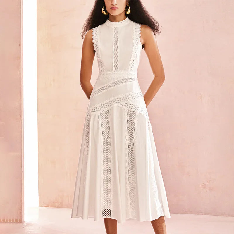 Fashion Solid Hollow Out Long Dresses Spring Women Sleeveless Stand Collar Slim Dress Summer High Waist Zipper Knee Length Dress