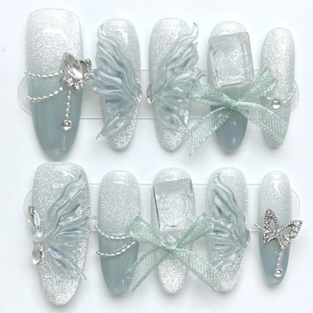5set Fake Nails Art almond ballet detachable shining butterfly wearing press on nails handmade false nails Bulk Wholesale/Custom