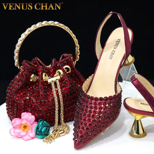 Manufacturer   Venus Chan Pointed Toe Heels for Women  Elegant Party Wine Color Full Diamond Pumps Italian Shoes and Bags Matching Set   Pumps