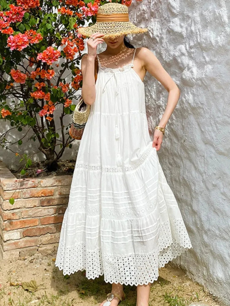 Bohemian White Dress Women Summer Sleeveless Seaside Vacation Beach Suspender Dresses A-Line Hollow Embroidery Hem Long Dress