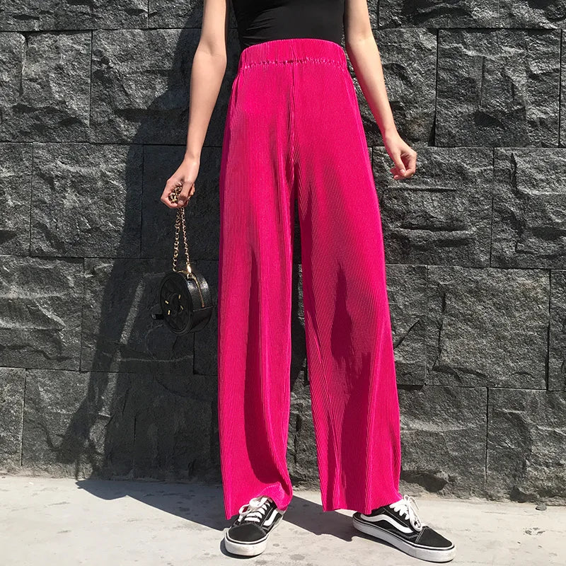 Summer Women Wide Leg Pant Fashion Loose Long Pants Boho Beach Pants Solid Pleated Trousers  Elastic High Waist Pant Plus Size