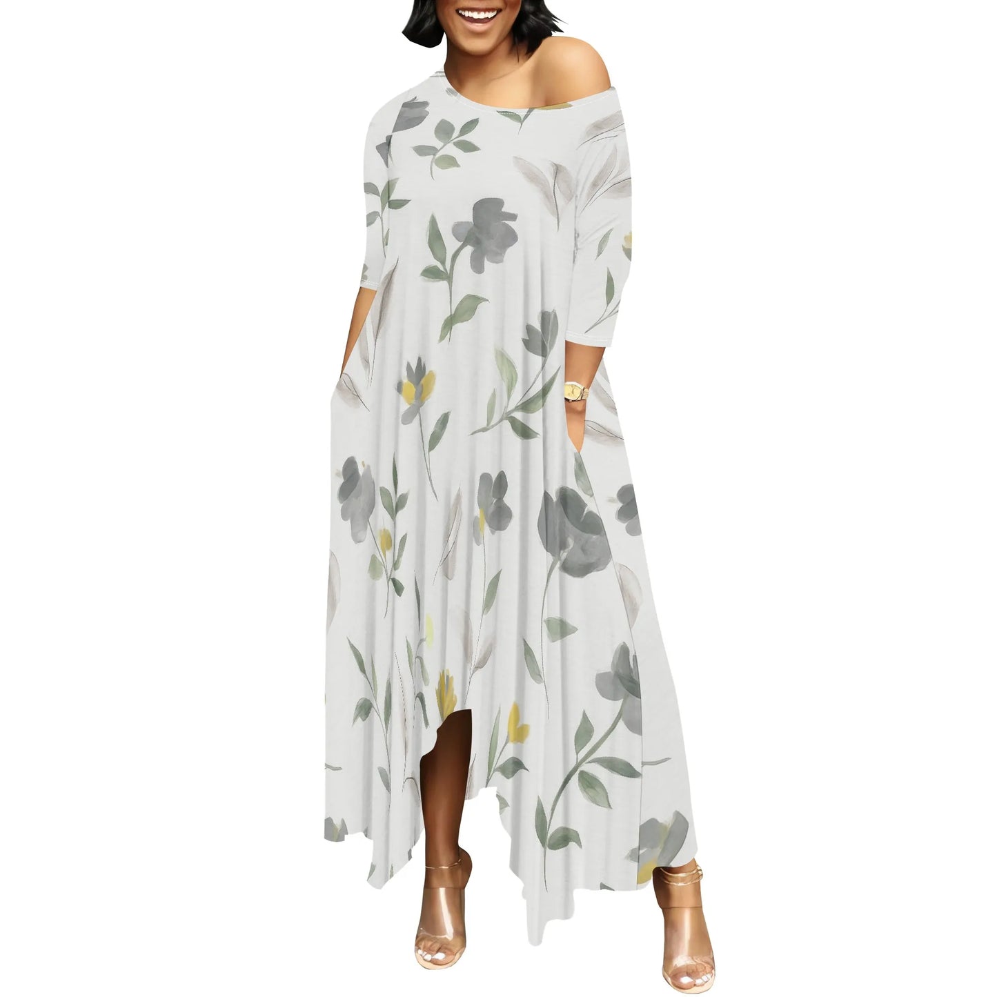 Women One Shoulder Sleeve Printed Dress High Waist Split Party Cocktail Long Dress
