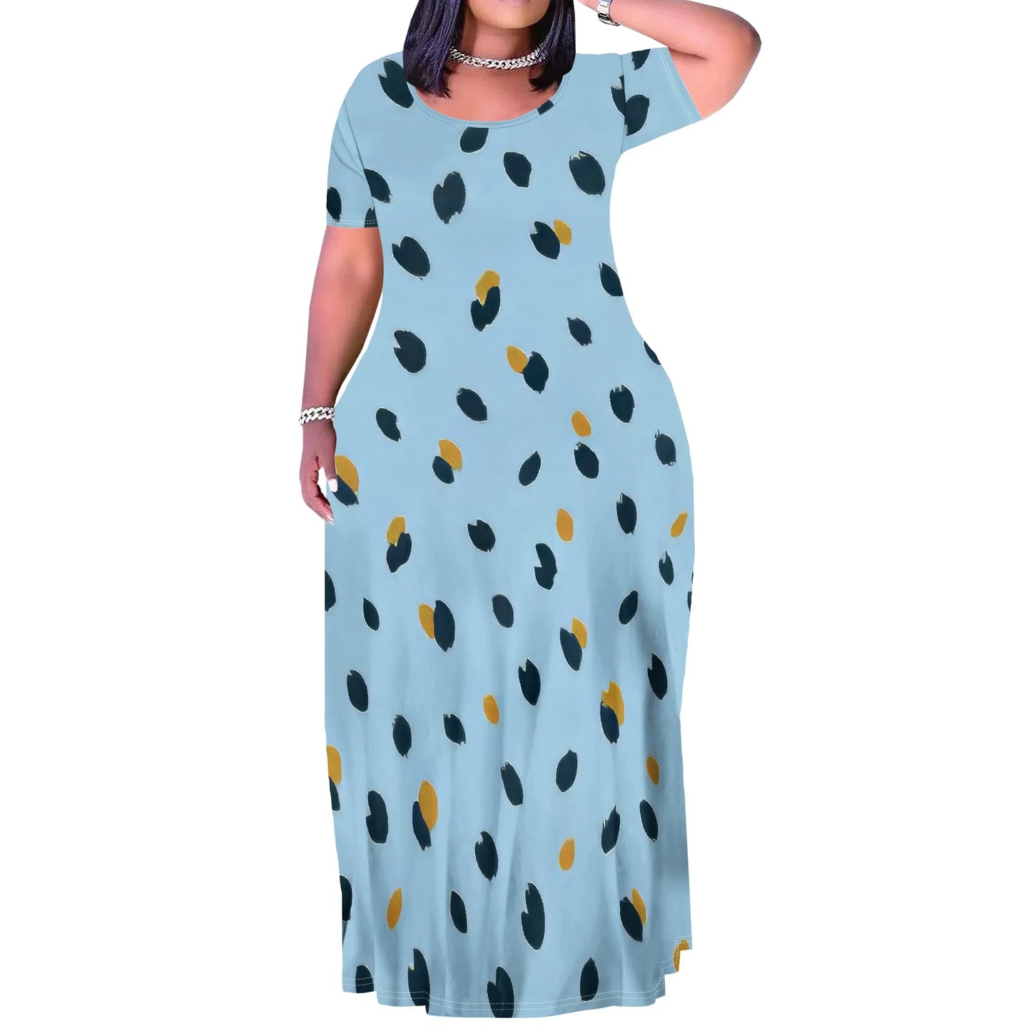 Summer Women's Casual Fashion Printed Boho Sleeveless Plus Size Loose Long Sexy Maxi Flutter Dress with Pockets