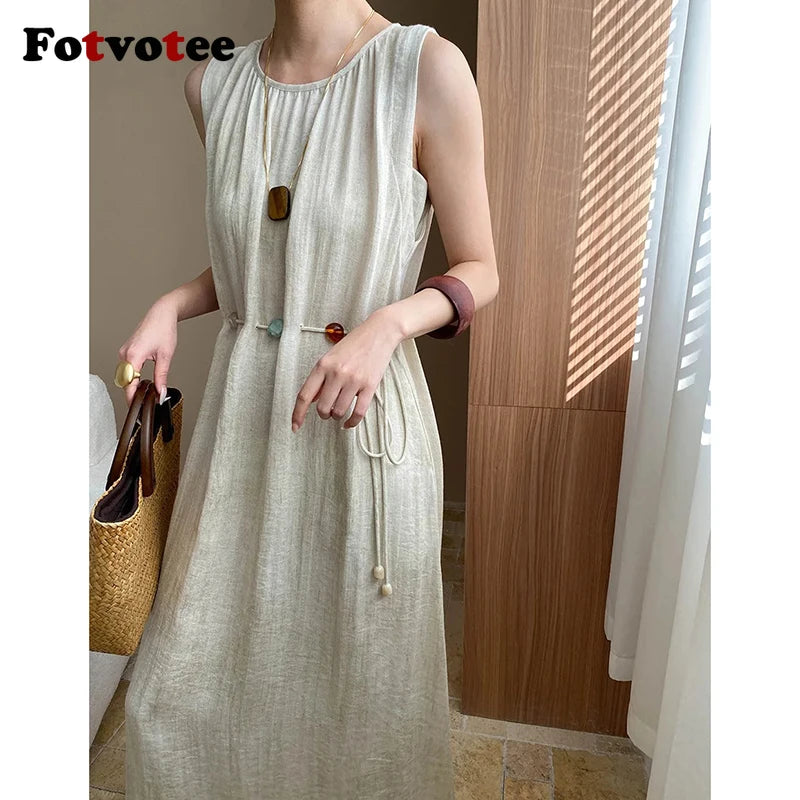 FOTVOTEE Elegant Simple Long Dresses for Women Vintage Bead Lace Up Sleeveless Dress Vacation Casual Temperament Ladies Vestidos