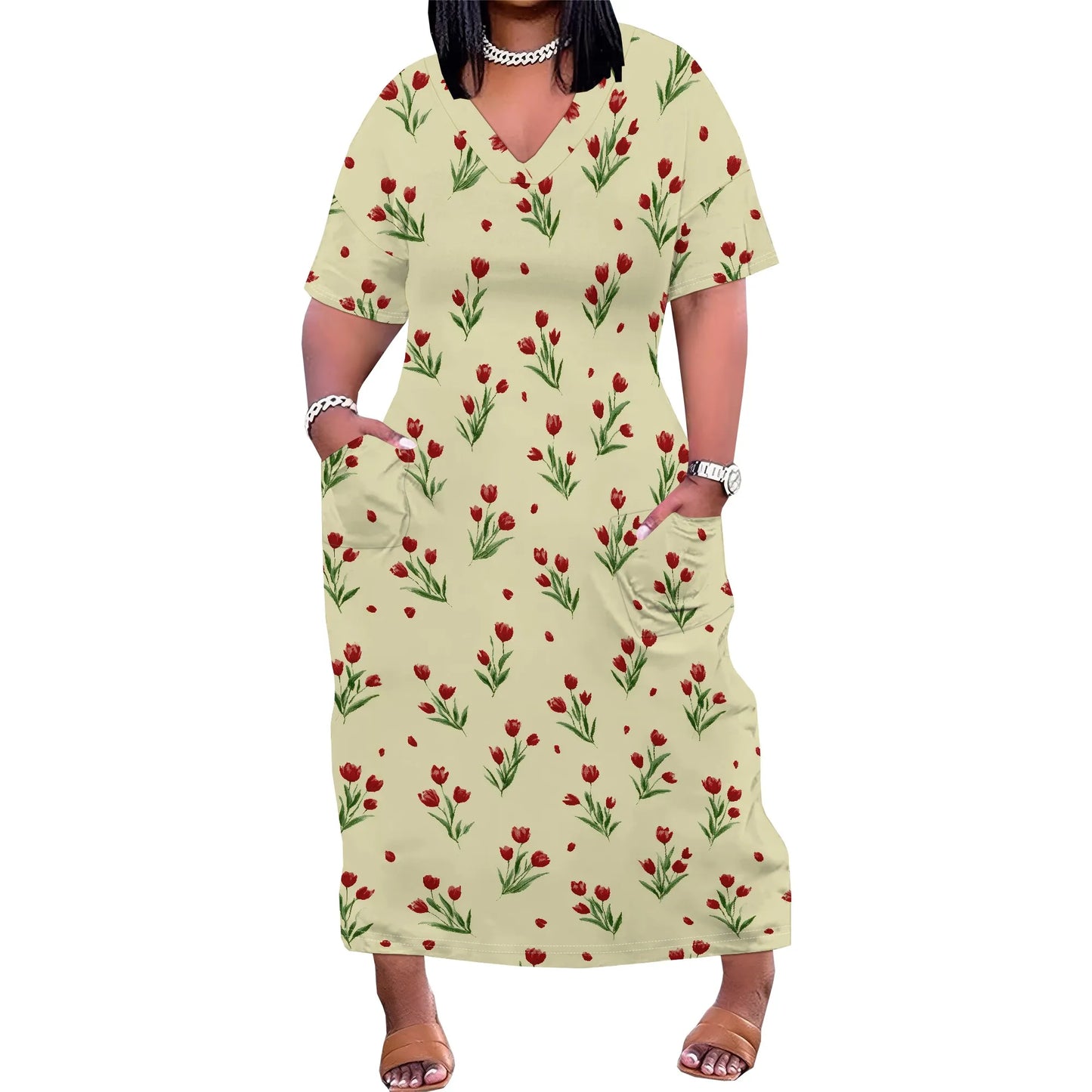 Women's Plus Size African Print Dresses Casual Loose Pocket Short Sleeve Long Maxi Dress