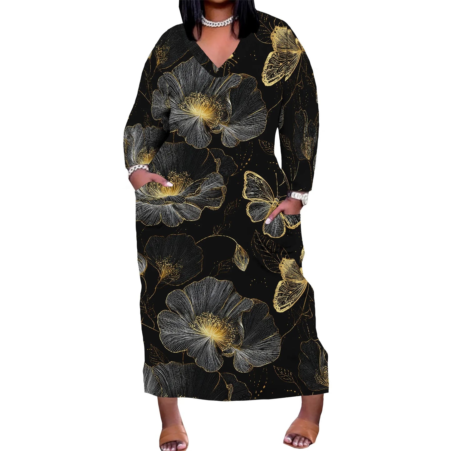 Oversized Baggy Summer Womens Print Dresses Sexy Casual T-Shirt V Neck Long Sleeve Maxi Dress with Pocket